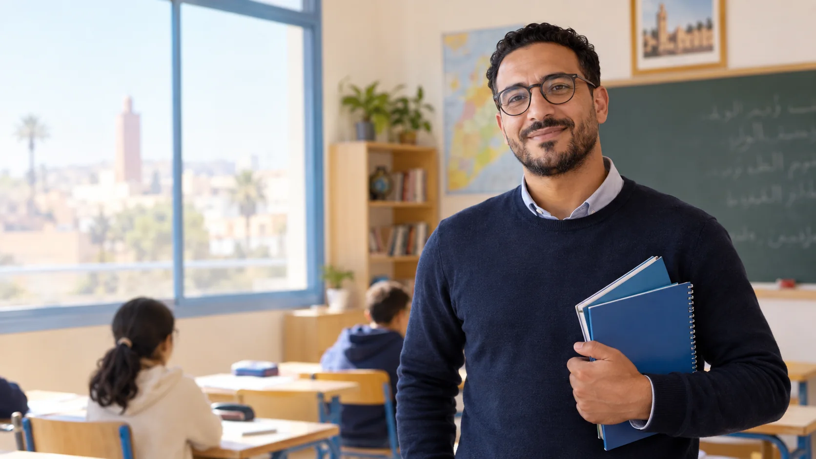 أستاذ داخل فصل دراسي يحمل دفاتر ويبتسم