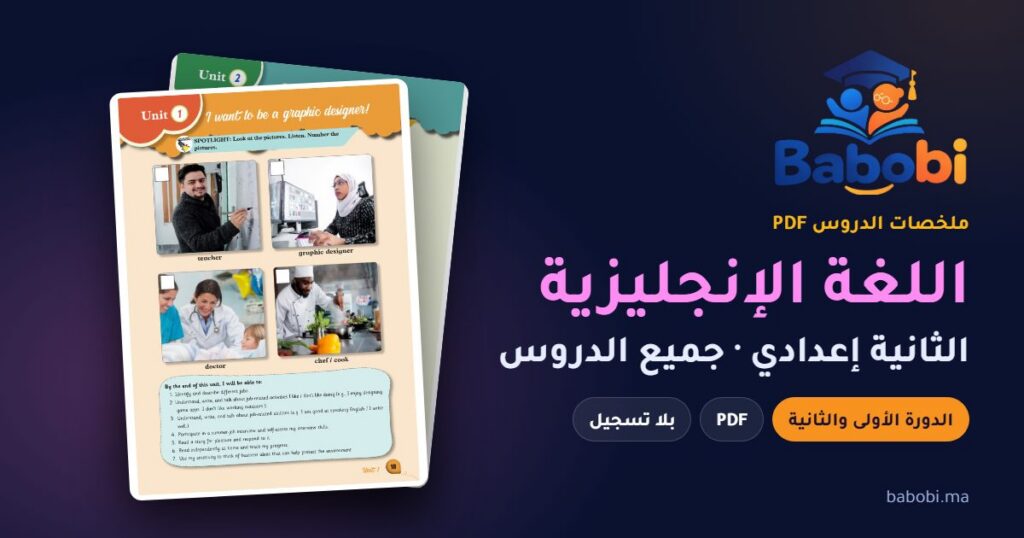 ملخصات دروس اللغة الإنجليزية الثانية إعدادي 2026-2027 PDF — الدورة الأولى والثانية