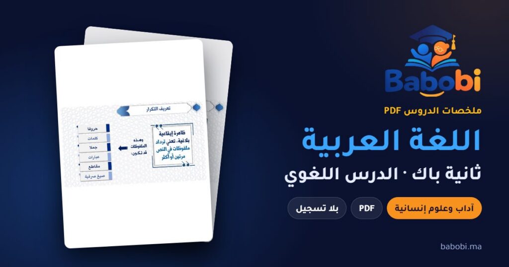 ملخصات دروس اللغة العربية ثانية باك 2026-2027 PDF — النصوص والدرس اللغوي والمؤلفات آداب وعلوم إنسانية